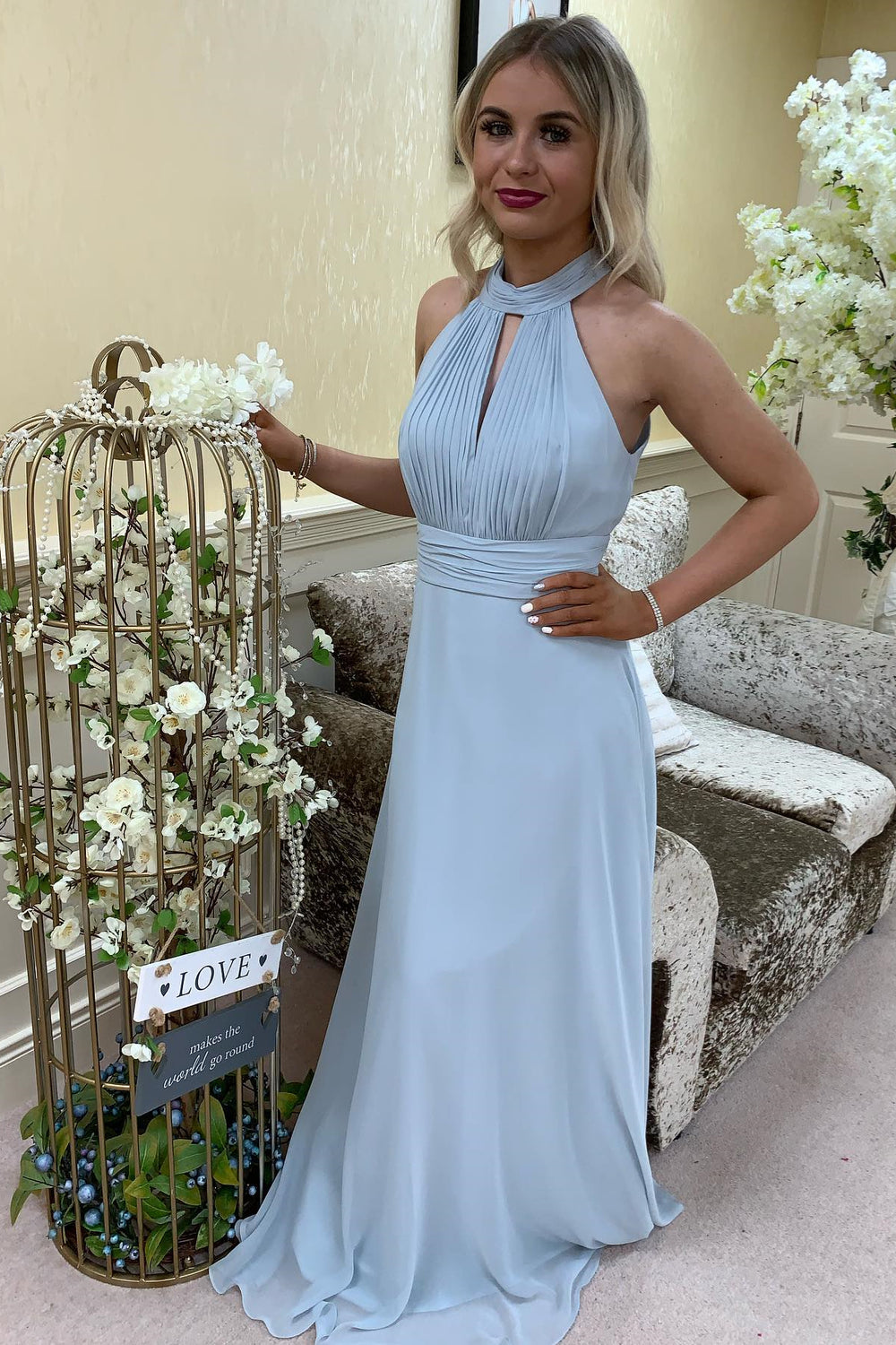 Halter Mist Blue Ruched Chiffon Bridesmaid Dress