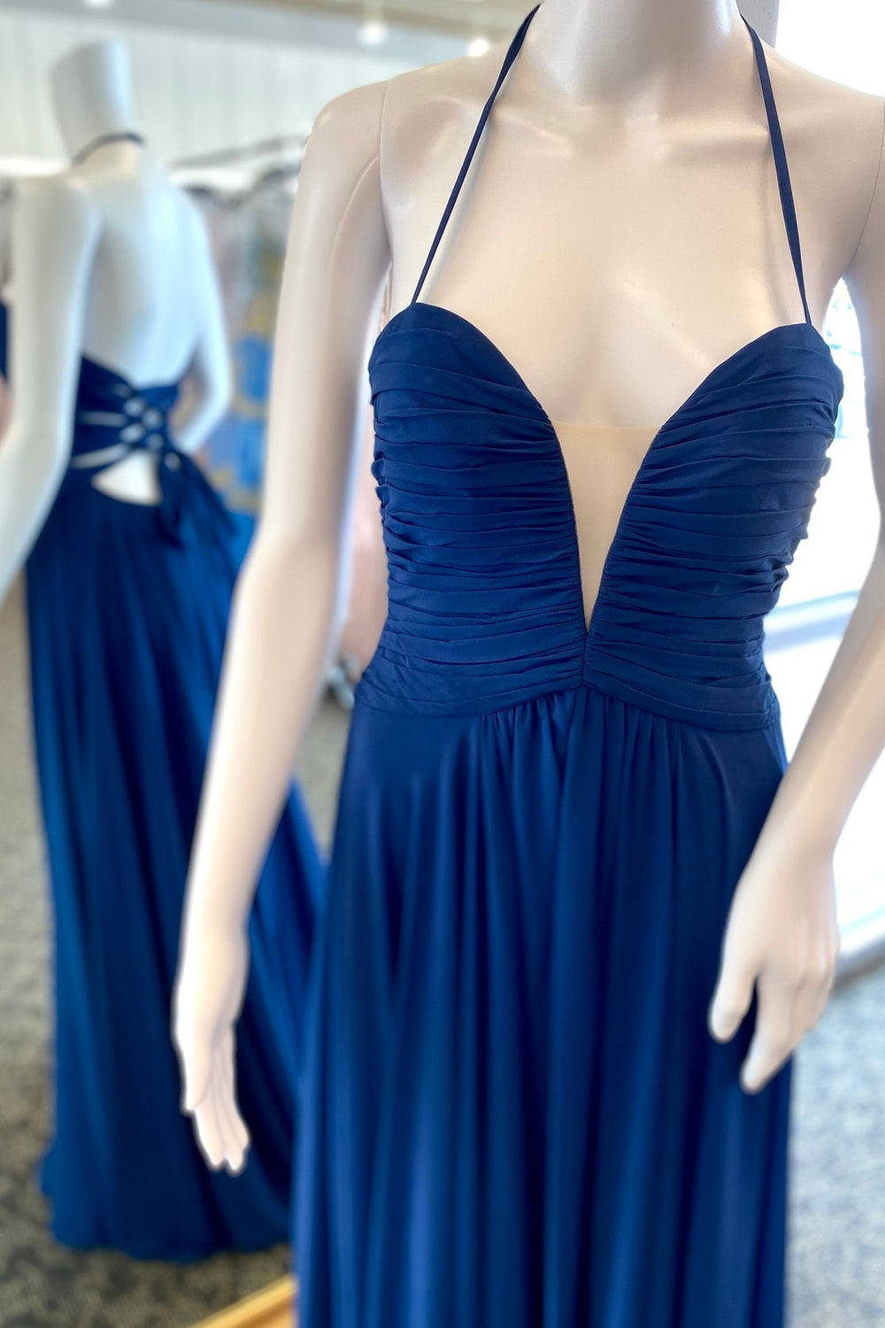 Halter Navy Blue Pleated Long Formal Dress