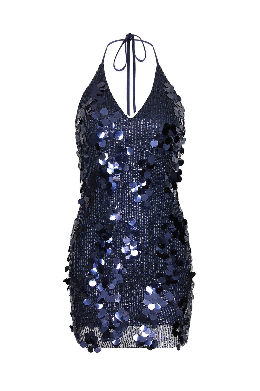 Halter Navy Blue Sequin Open Back Short Dress