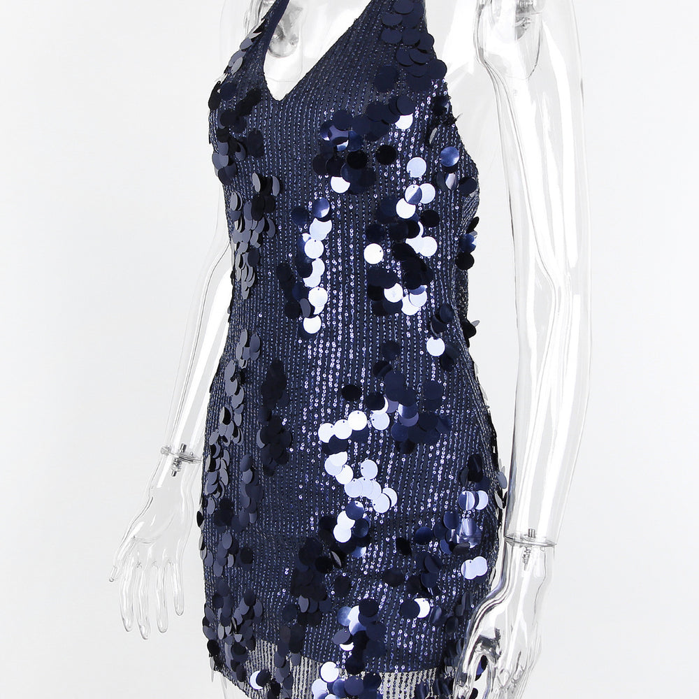 
                      
                        Halter Navy Blue Sequin Open Back Short Dress
                      
                    