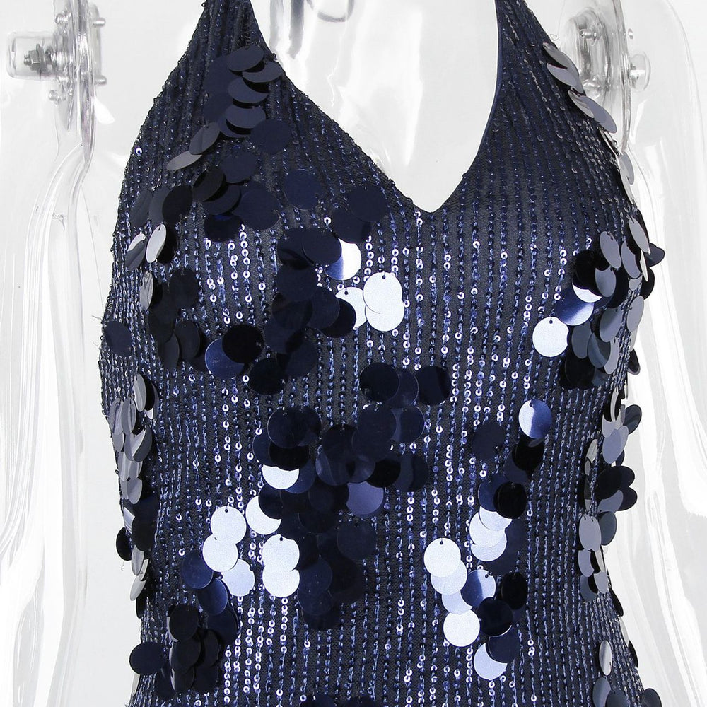 
                      
                        Halter Navy Blue Sequin Open Back Short Dress
                      
                    