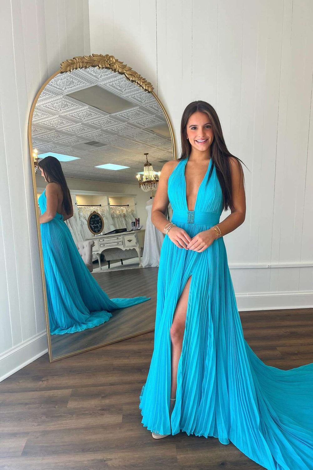 Halter Neck Aqua Pleated A-line Long Dress