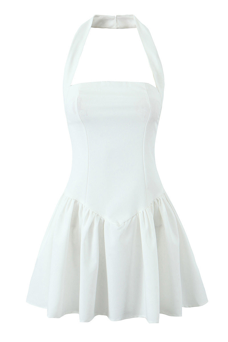 Halter Neck White High Waist A-line Short Dress