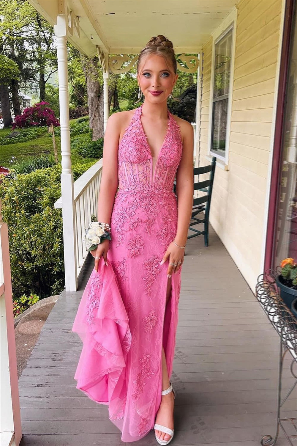 Halter Pink Appliques Mermaid Long Dress with Slit