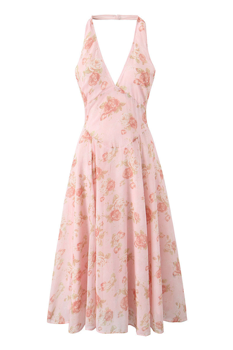 Halter Pink Floral Print High Waist Long Dress