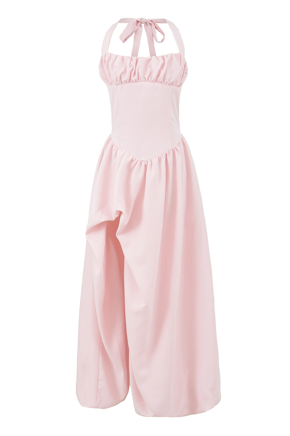 Halter Pink High-waisted Bubble Long Dress with Slit