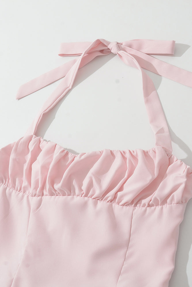 
                      
                        Halter Pink High-waisted Bubble Long Dress with Slit
                      
                    