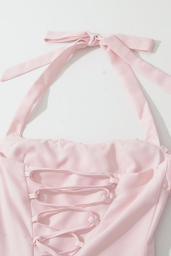 
                      
                        Halter Pink High-waisted Bubble Long Dress with Slit
                      
                    