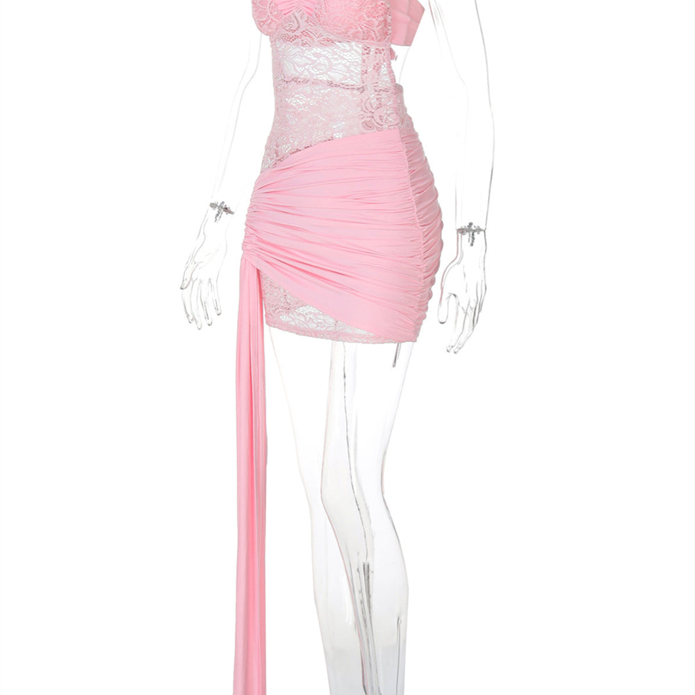 
                      
                        Halter Pink Lace Sheer Corset Bodycon Short Dress
                      
                    