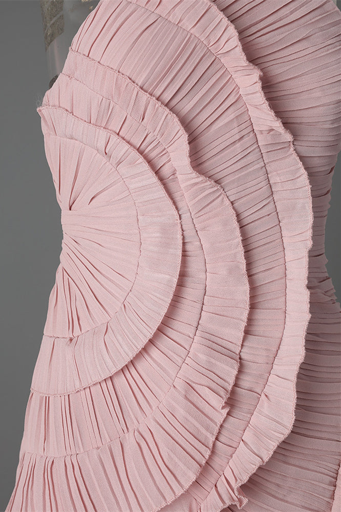 
                      
                        Halter Pink Pleated Irregular Hem Long Dress with Slit
                      
                    