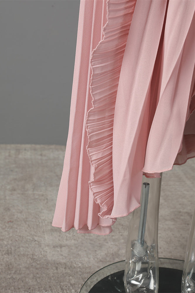 
                      
                        Halter Pink Pleated Irregular Hem Long Dress with Slit
                      
                    