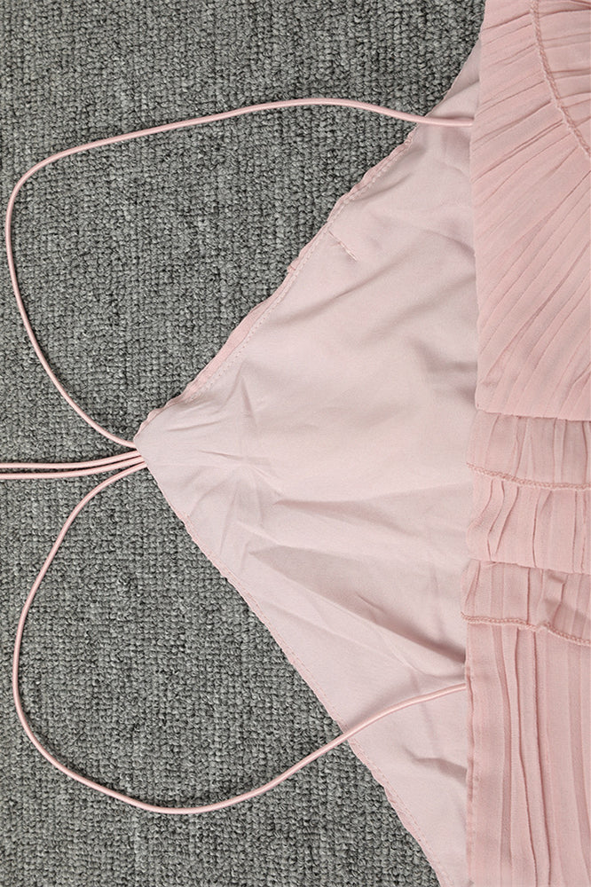 
                      
                        Halter Pink Pleated Irregular Hem Long Dress with Slit
                      
                    