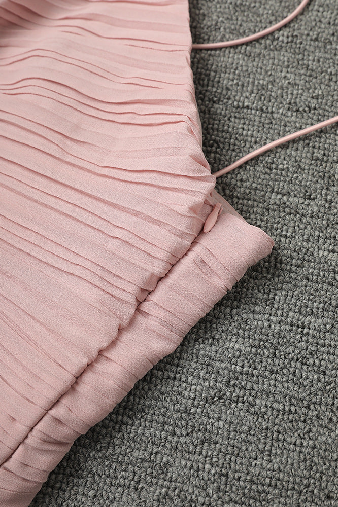 
                      
                        Halter Pink Pleated Irregular Hem Long Dress with Slit
                      
                    