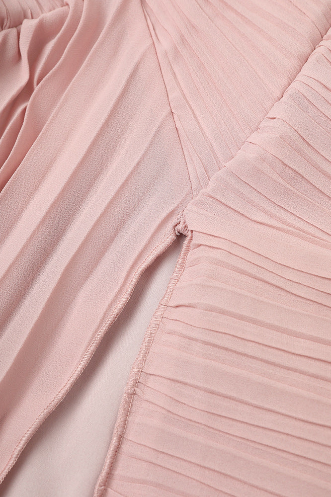 
                      
                        Halter Pink Pleated Irregular Hem Long Dress with Slit
                      
                    