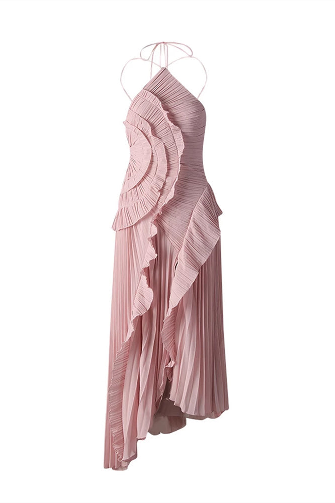 Halter Pink Pleated Irregular Hem Long Dress with Slit