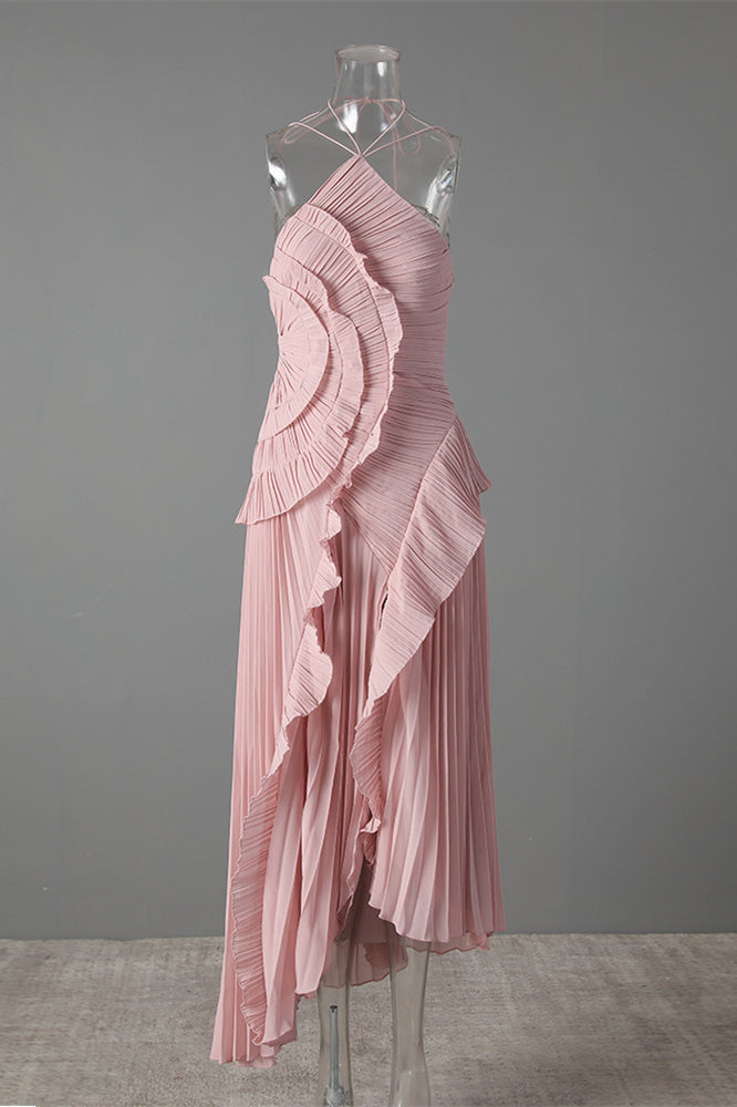 
                      
                        Halter Pink Pleated Irregular Hem Long Dress with Slit
                      
                    