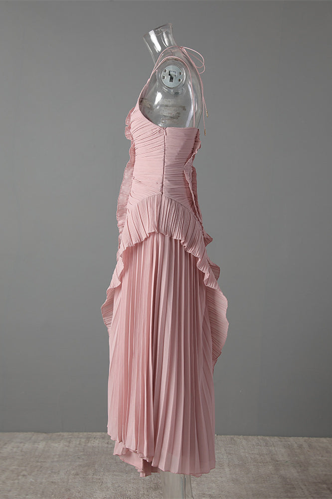 
                      
                        Halter Pink Pleated Irregular Hem Long Dress with Slit
                      
                    