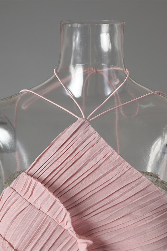 
                      
                        Halter Pink Pleated Irregular Hem Long Dress with Slit
                      
                    