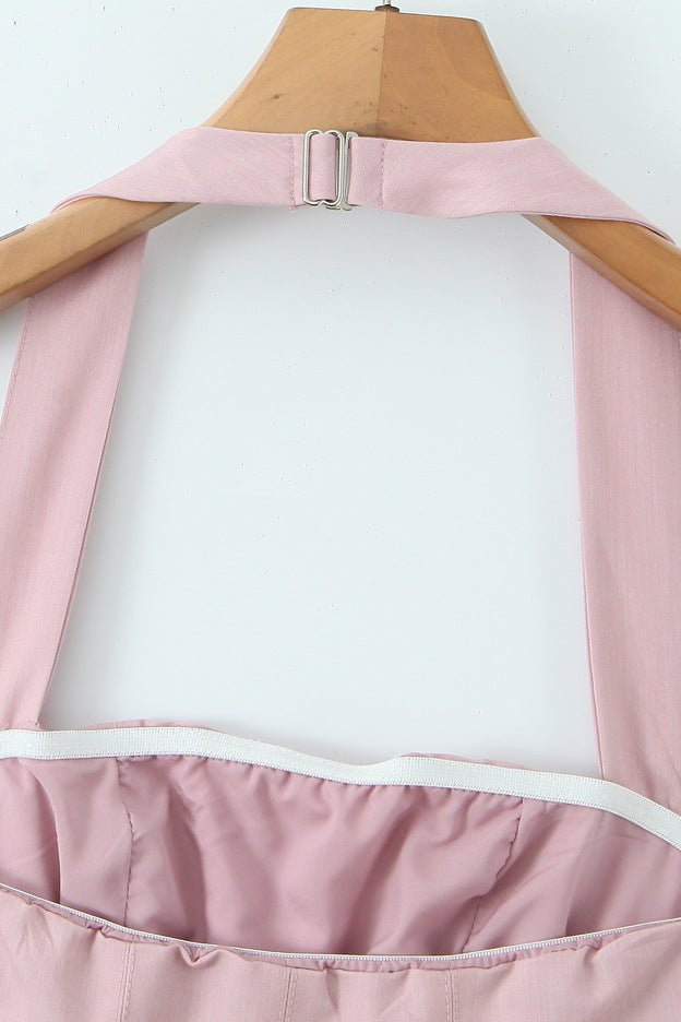 
                      
                        Halter Pink Pleated Tiered A-line Short Dress
                      
                    
