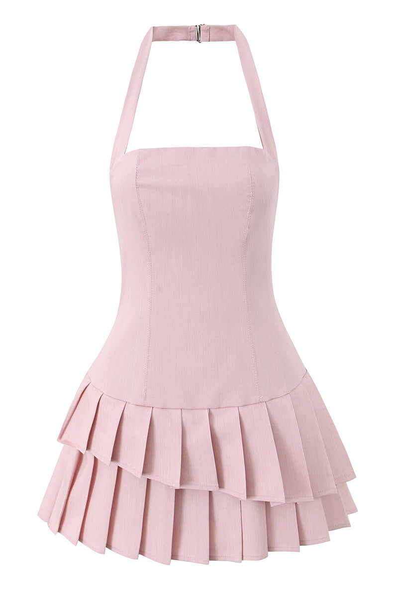 Halter Pink Pleated Tiered A-line Short Dress