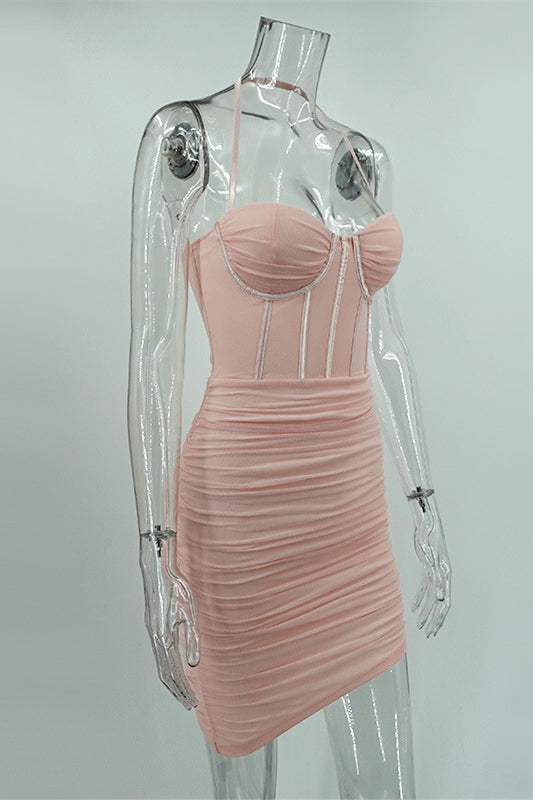 
                      
                        Halter Pink Ruched Bodycon Short Dress with Boning
                      
                    