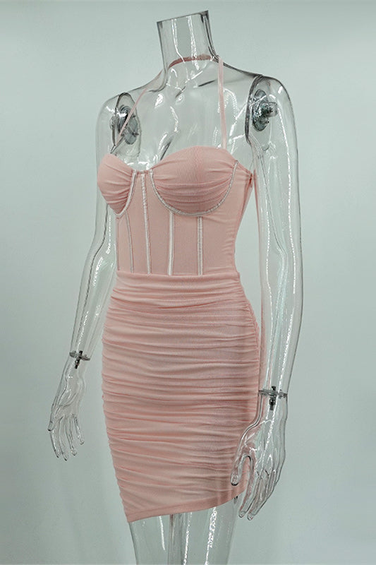 
                      
                        Halter Pink Ruched Bodycon Short Dress with Boning
                      
                    
