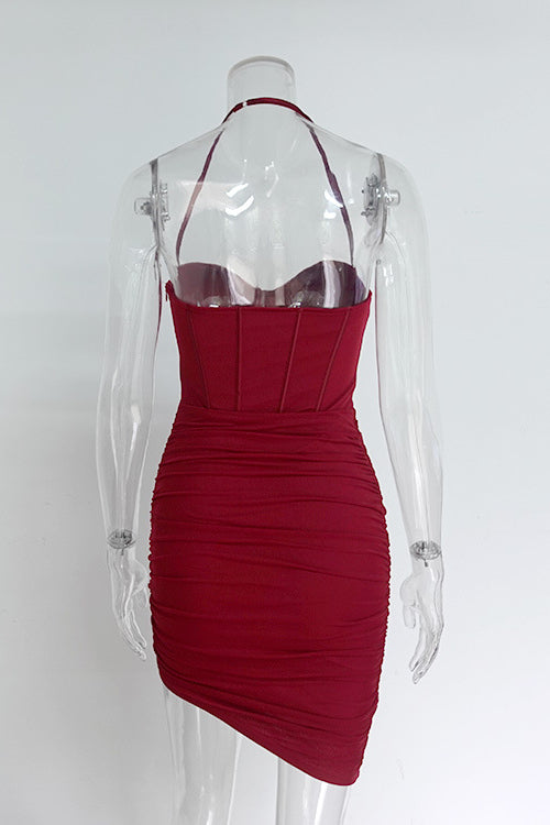
                      
                        Halter Pink Ruched Bodycon Short Dress with Boning
                      
                    