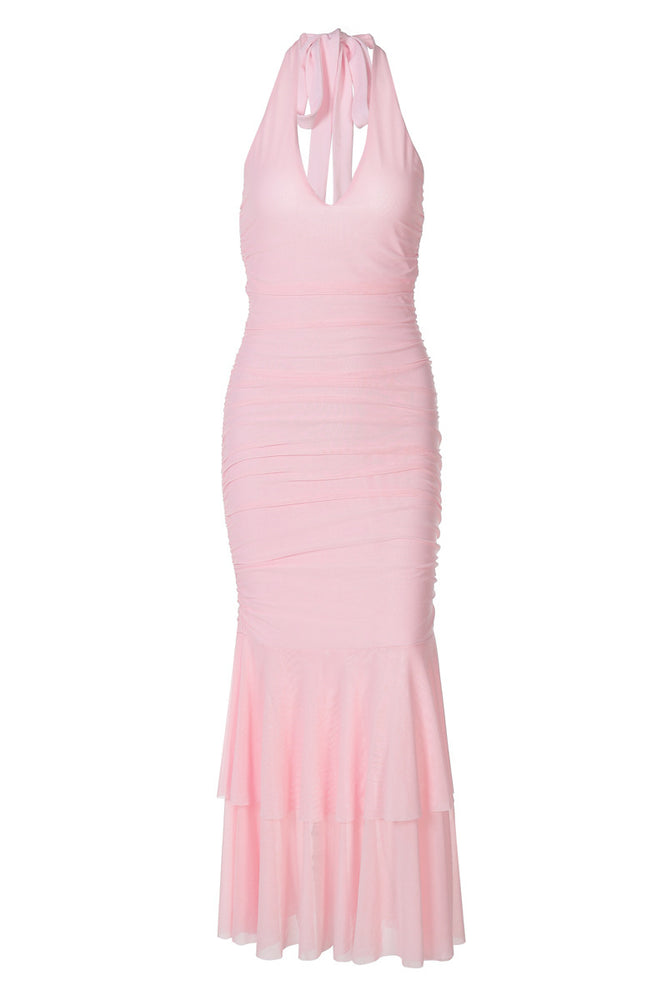 
                      
                        Halter Pink Ruched Tiered Tulle Long Dress
                      
                    