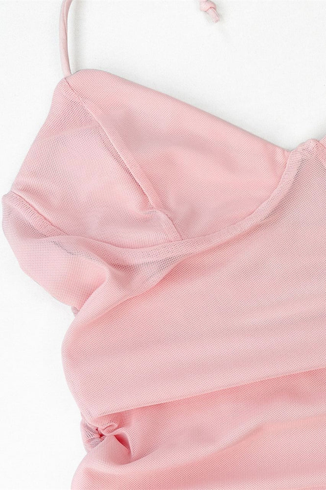 
                      
                        Halter Pink Ruffle Ruched Short Dress with Cut-out
                      
                    