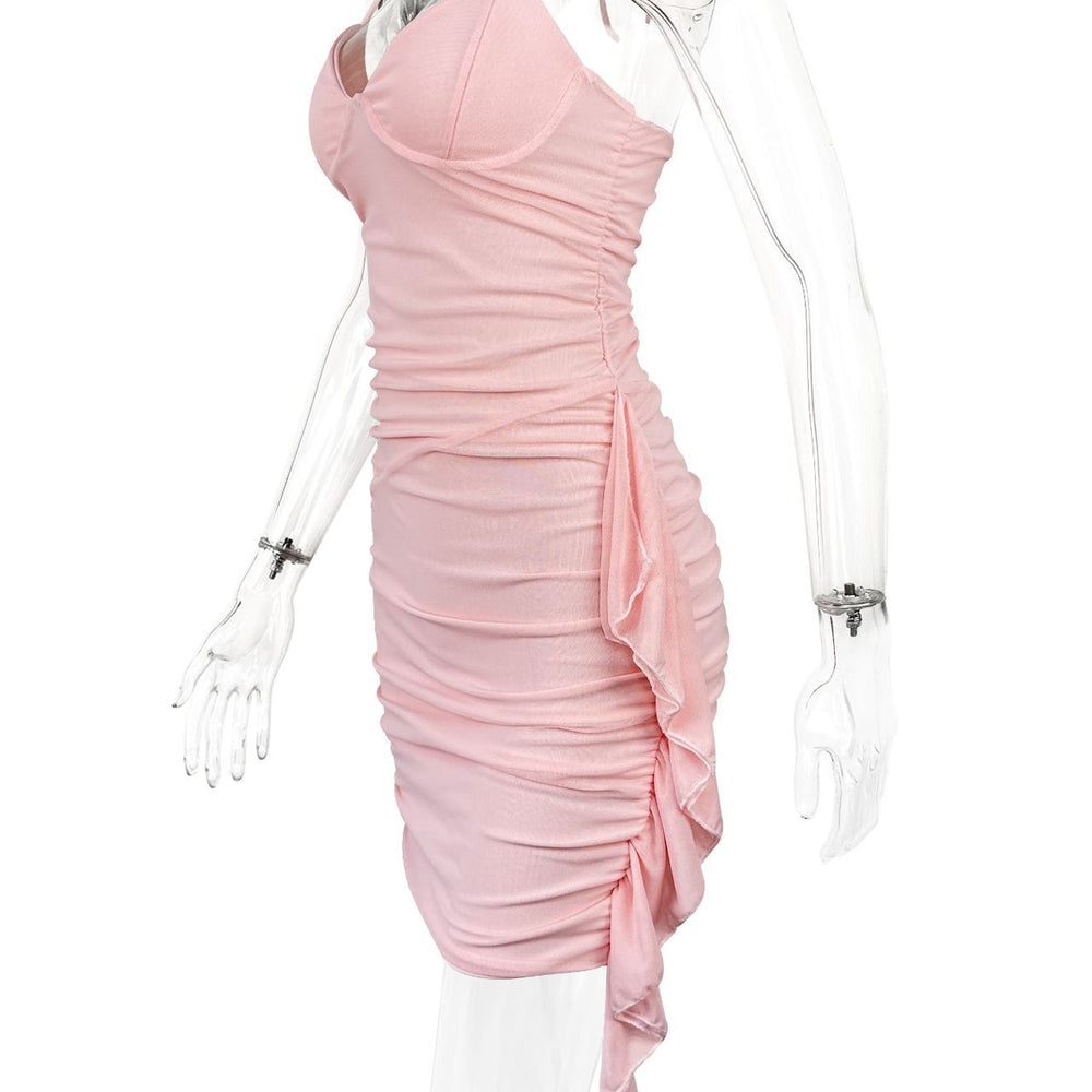 
                      
                        Halter Pink Ruffle Ruched Short Dress with Cut-out
                      
                    