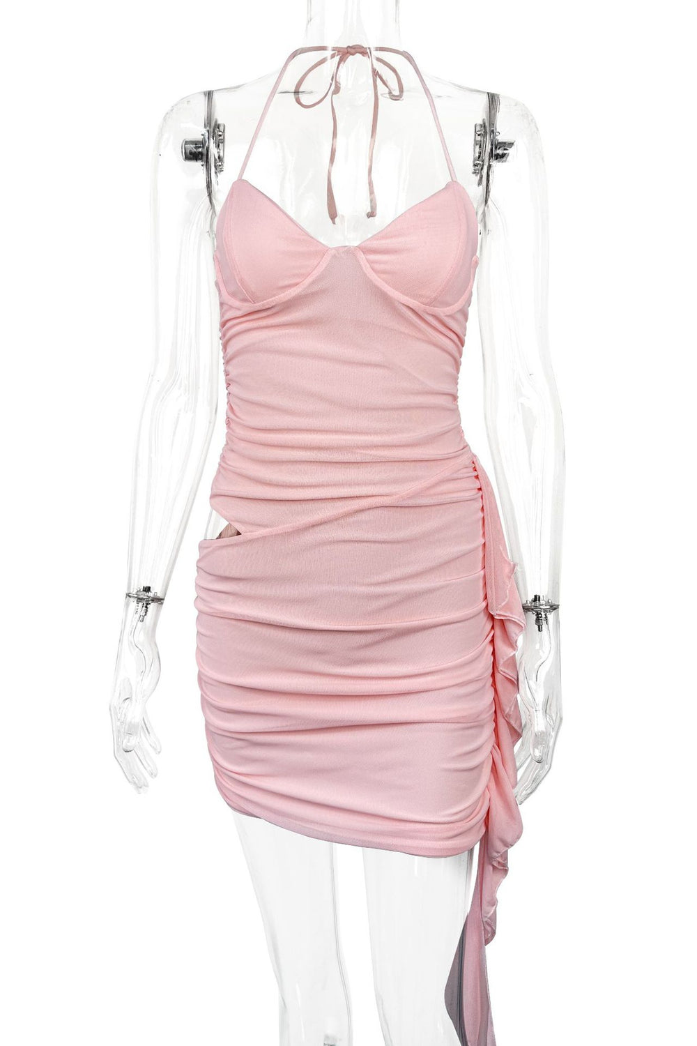 Halter Pink Ruffle Ruched Short Dress with Cut-out