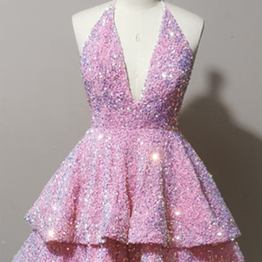 Halter Pink Tiered Sequin Short Homecoming Dress – PollyBoutique