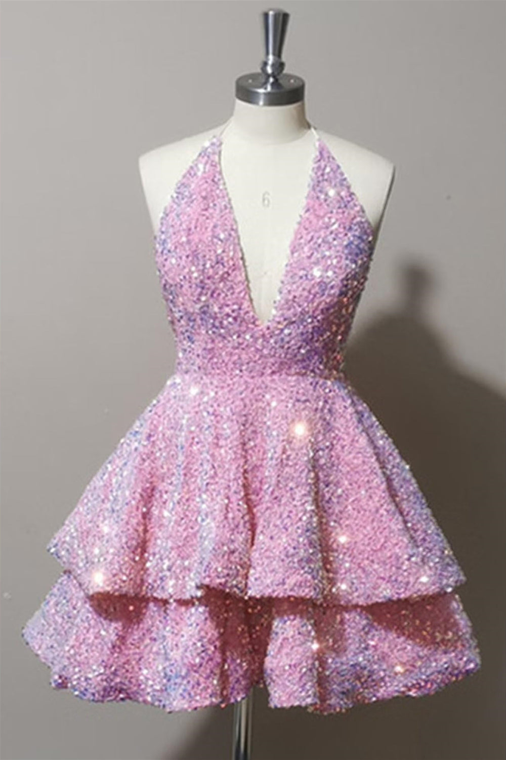 Halter Pink Tiered Sequin Short Homecoming Dress