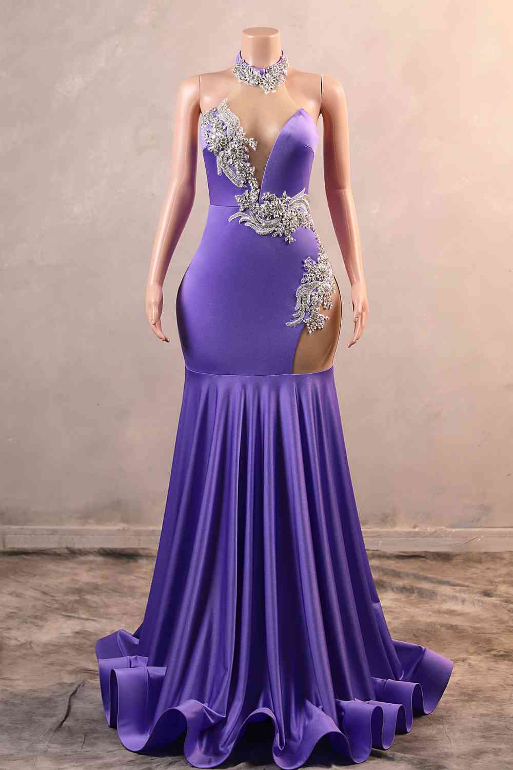 Halter Purple Beaded Mermaid Long Dress