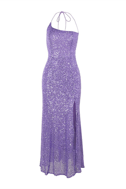 Halter Purple Sequin Column Long Dress with Slit