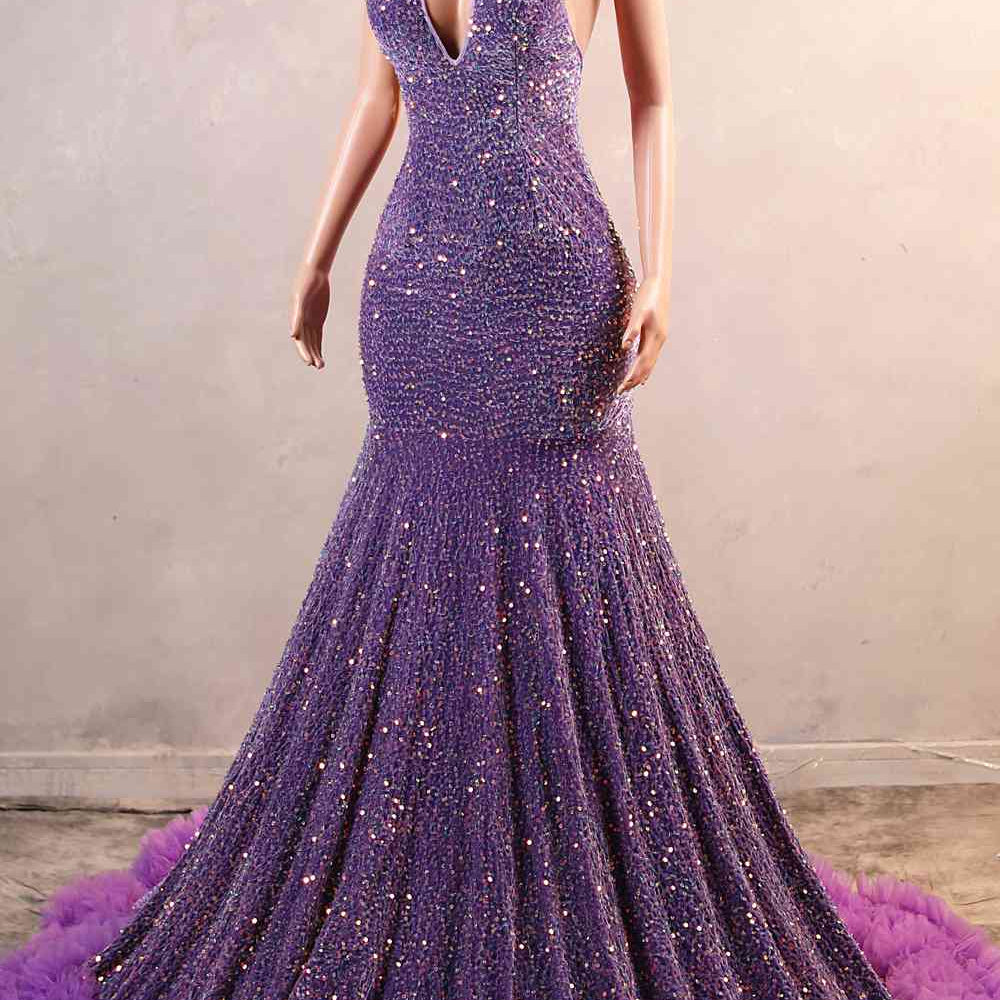 
                      
                        Halter Purple Sequin Long Dress with Fringe
                      
                    