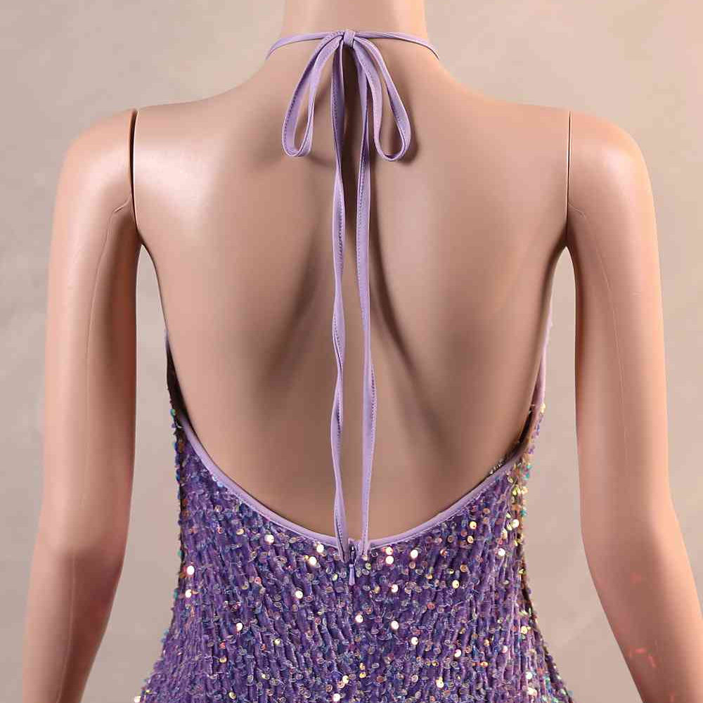 
                      
                        Halter Purple Sequin Long Dress with Fringe
                      
                    