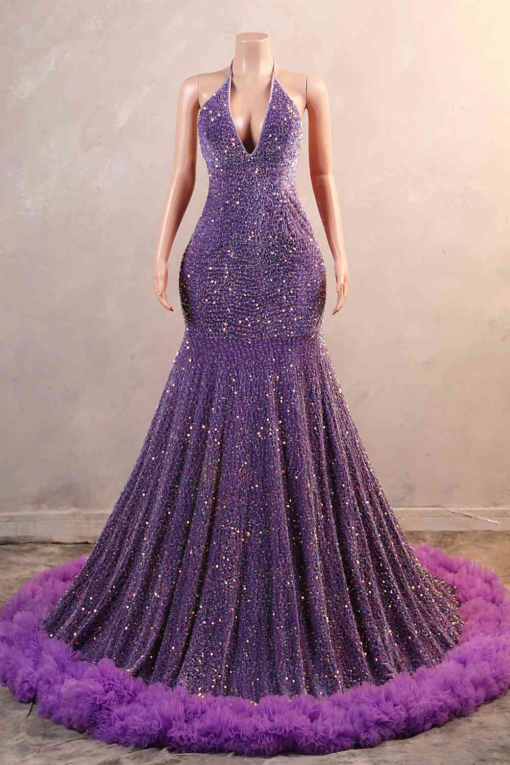 Halter Purple Sequin Long Dress with Fringe