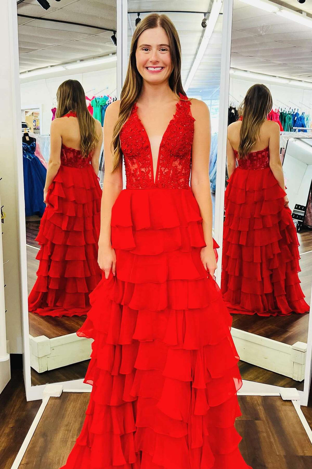 Halter Red Appliques Tiered A-line Long Dress