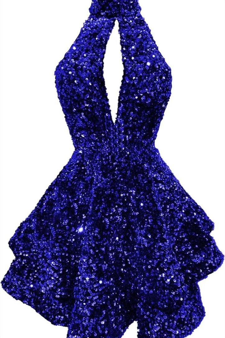 Halter Royal Blue Ruffle Sequin A-line Short Dress