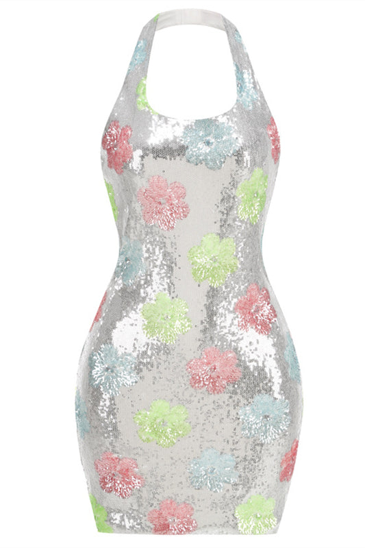 Halter Silver Floral Sequin Bodycon Short Dress