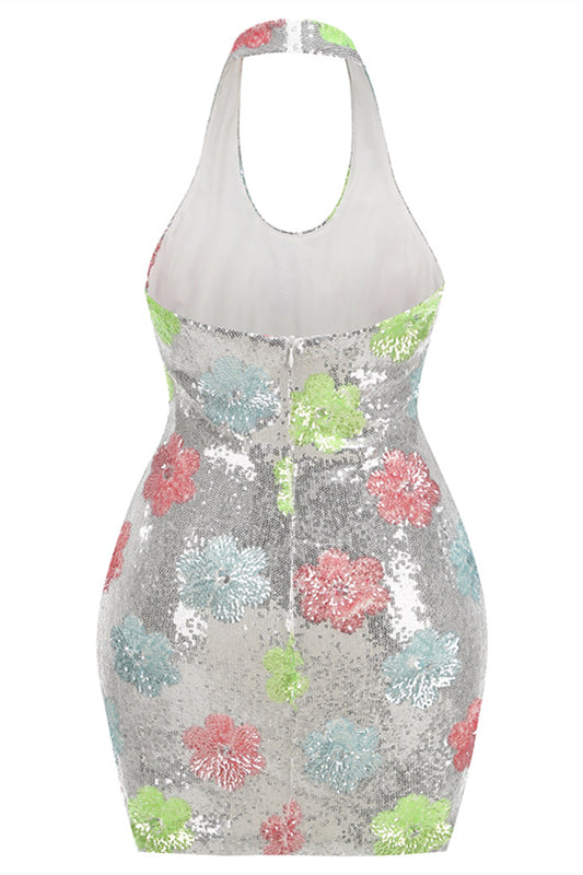 
                      
                        Halter Silver Floral Sequin Bodycon Short Dress
                      
                    
