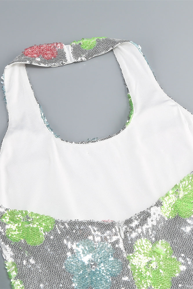 
                      
                        Halter Silver Floral Sequin Bodycon Short Dress
                      
                    
