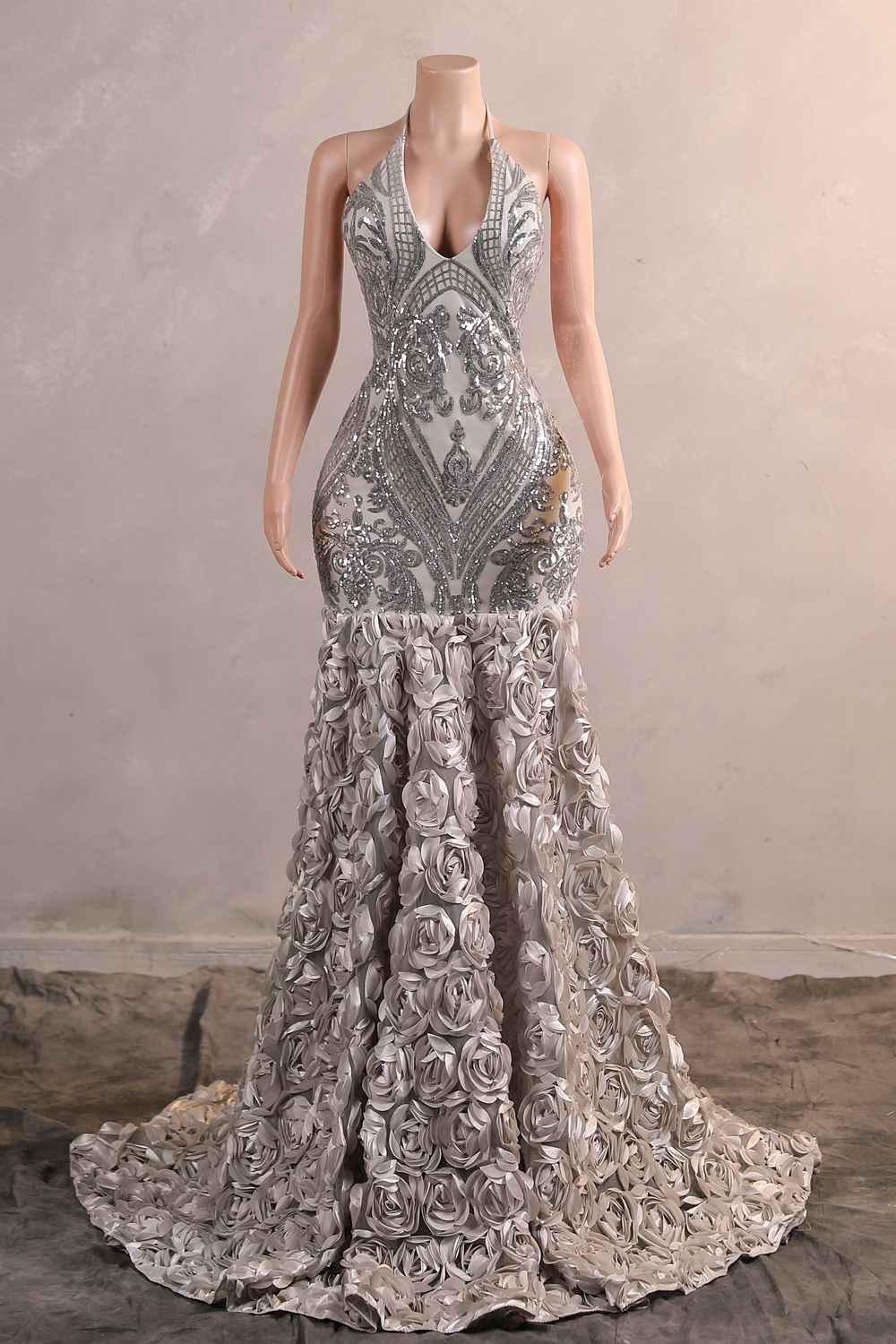 Halter Silver Rosette Long Evening Dress with Sequin