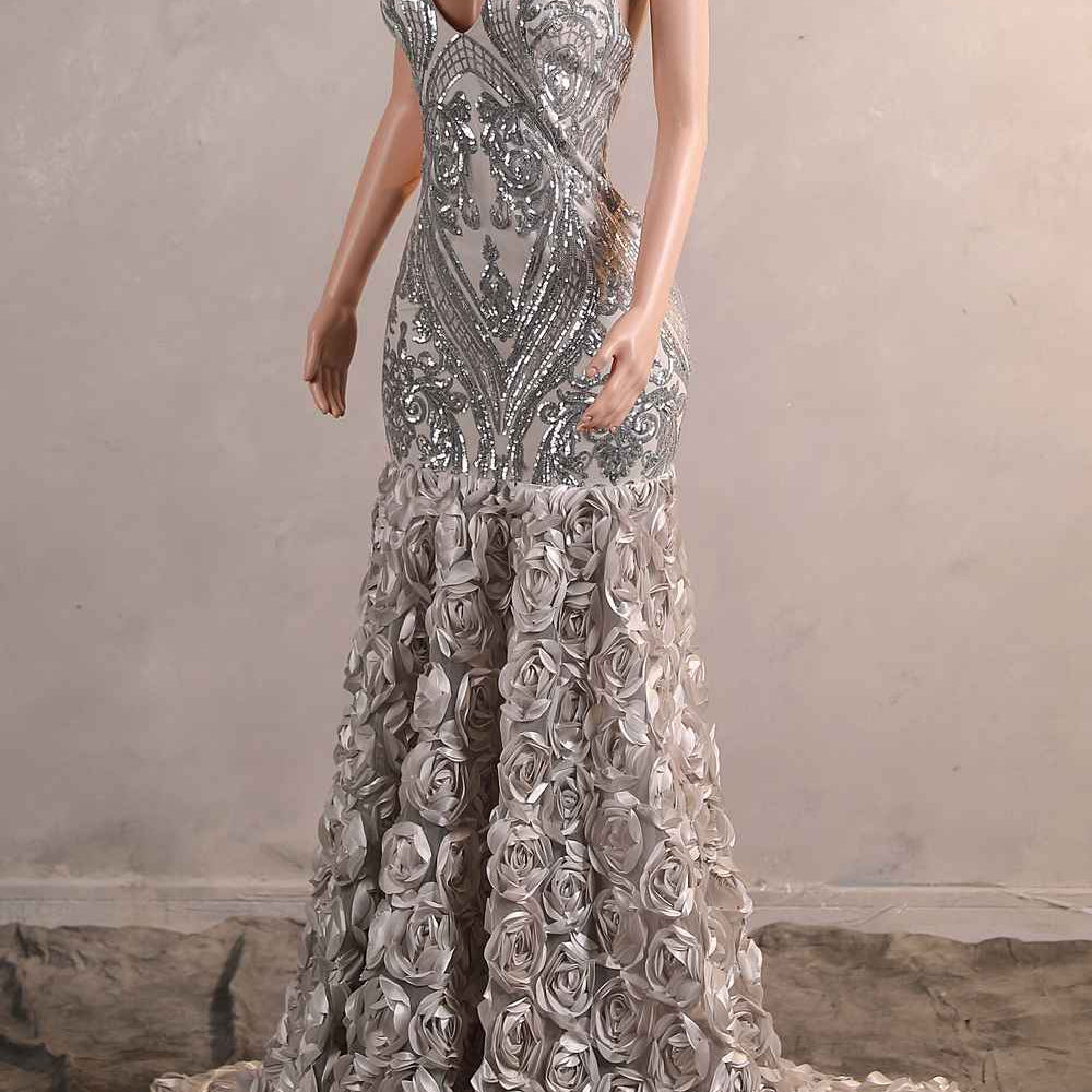 
                      
                        Halter Silver Rosette Long Evening Dress with Sequin
                      
                    