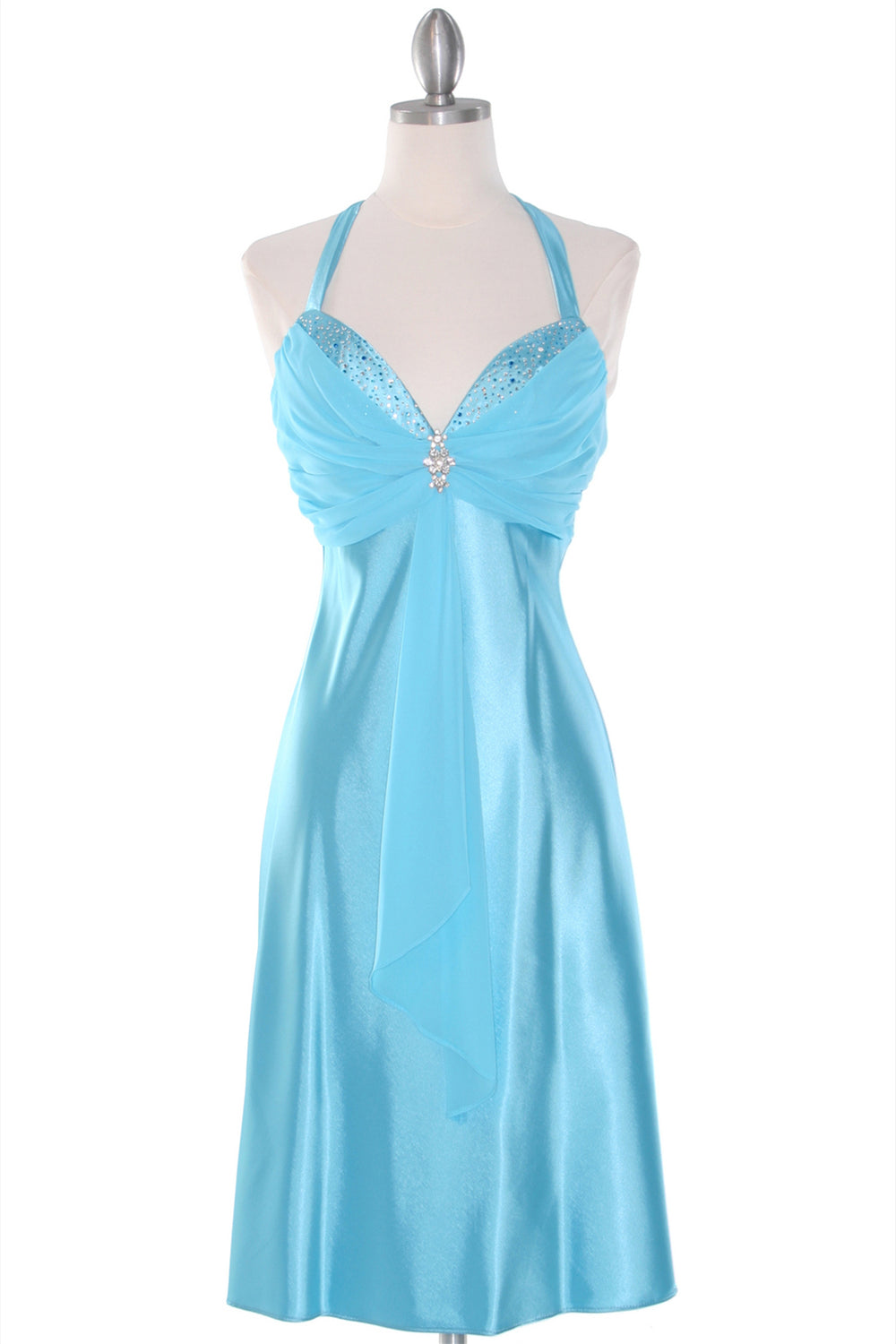 Halter Sky Blue Midi Dress with Rhinestone Pin