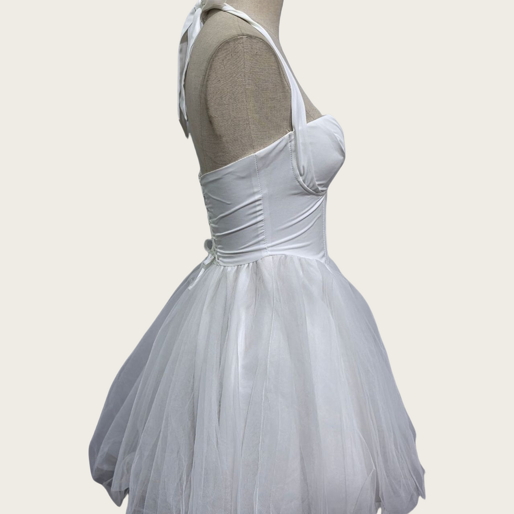 
                      
                        Halter White Bow Front A-line Short Dress
                      
                    