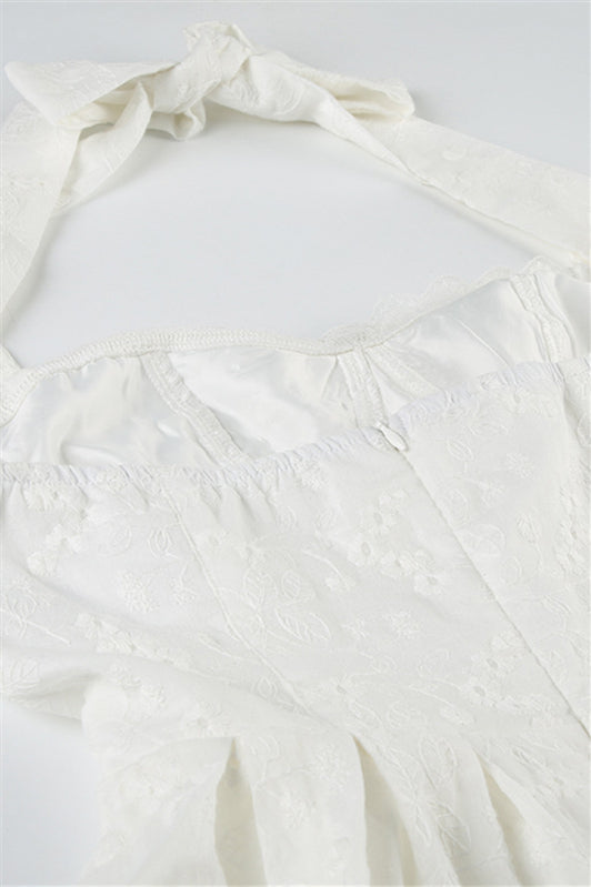 
                      
                        Halter White Floral Embroidery A-line Short Dress
                      
                    