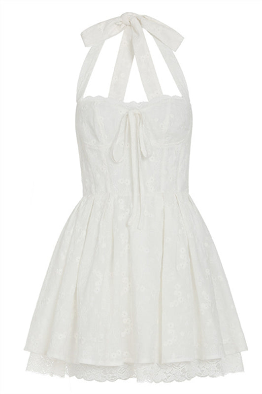 Halter White Floral Embroidery A-line Short Dress