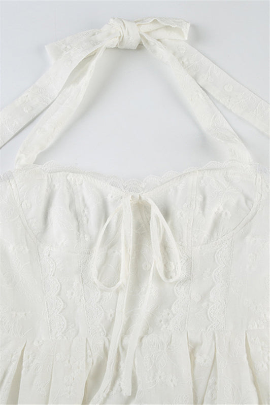 
                      
                        Halter White Floral Embroidery A-line Short Dress
                      
                    